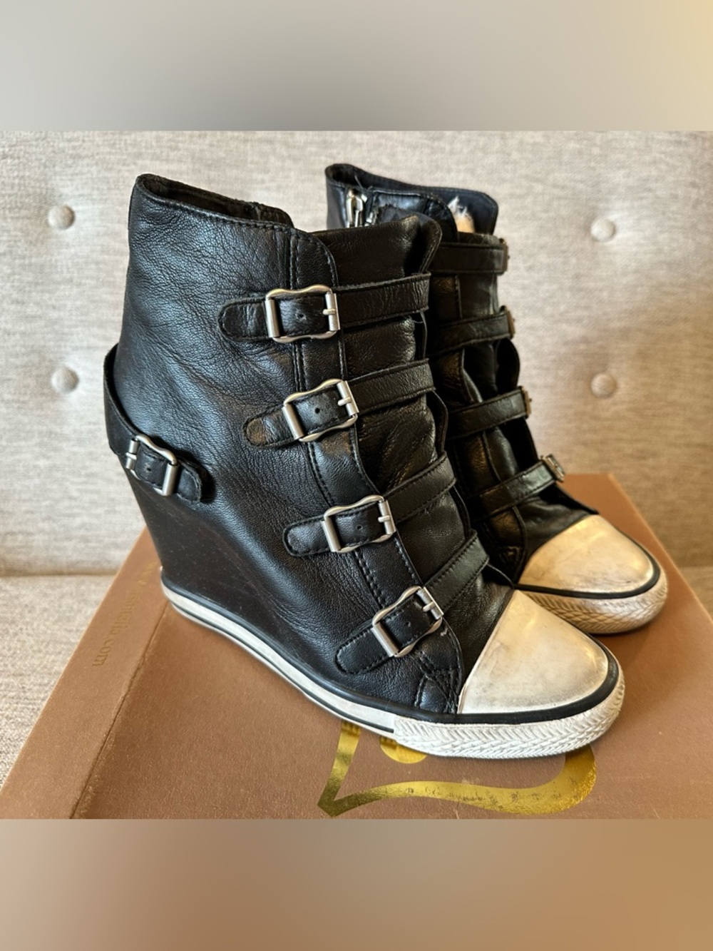 Ash Black Leather Wedge Sneaker Boots with Silver Buckles